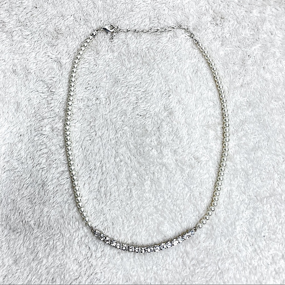 Franco Gia Faux Pearl Faux Diamond Gemstone Rhinestone Necklace Silver Tone